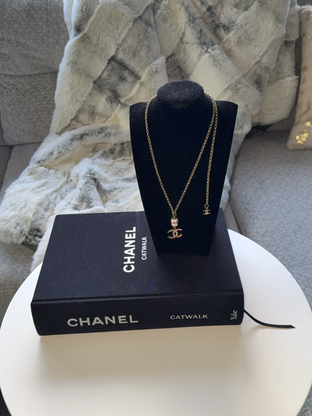 CHANEL Gold Tone Pink Enamel CC Logo Long or Short Pendant Necklace Authentic